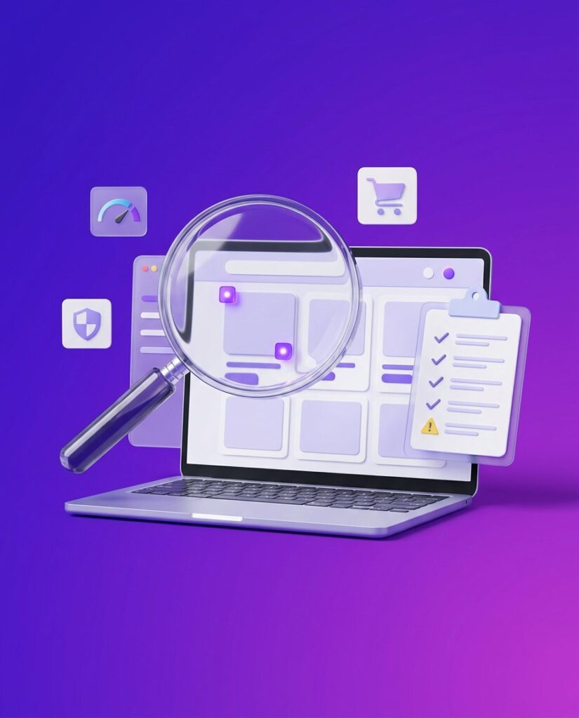 Lupa nad sklepem internetowym na laptopie i lista kontrolna z wynikami audytu