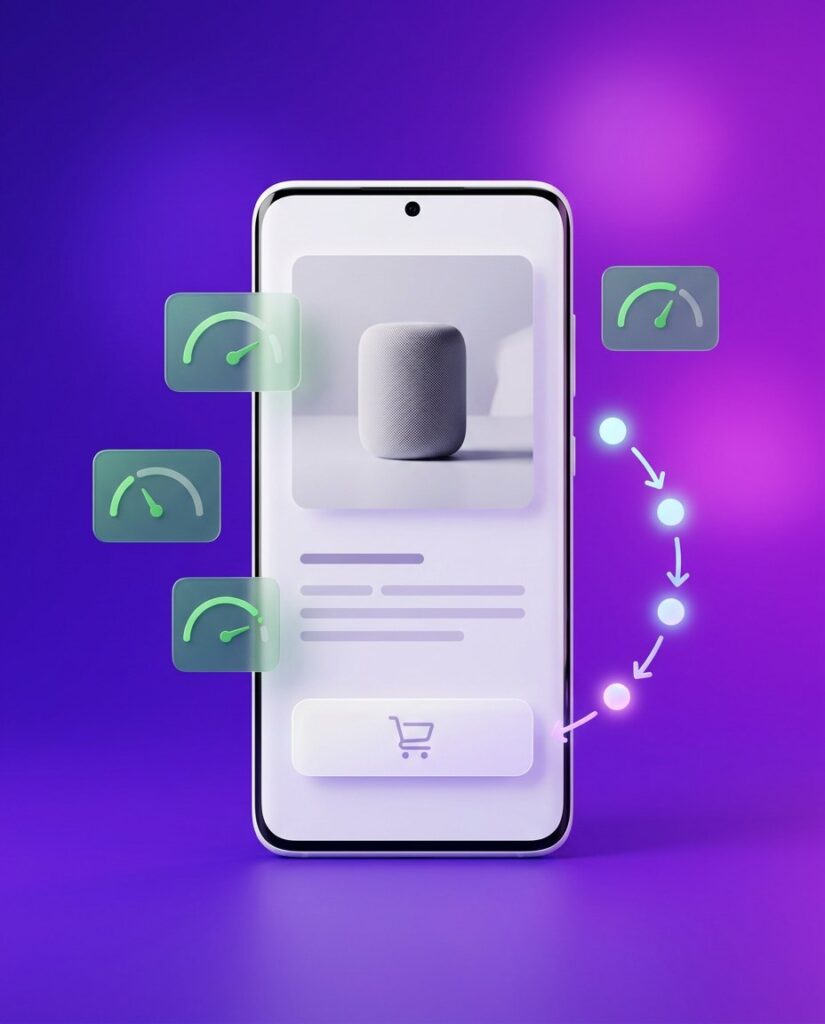 Smartfon z szybko ładującą się kartą produktu, wskaźniki wydajności i skrócona ścieżka zakupu