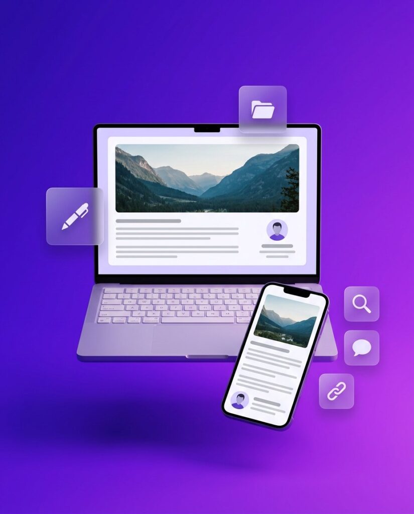 Wpis blogowy na laptopie i smartfonie z ikonami edycji, kategorii, wyszukiwania, komentarzy i linków
