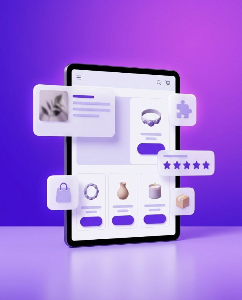 Sklep WooCommerce na tablecie: siatka produktów, wpis blogowy, koszyk i oceny
