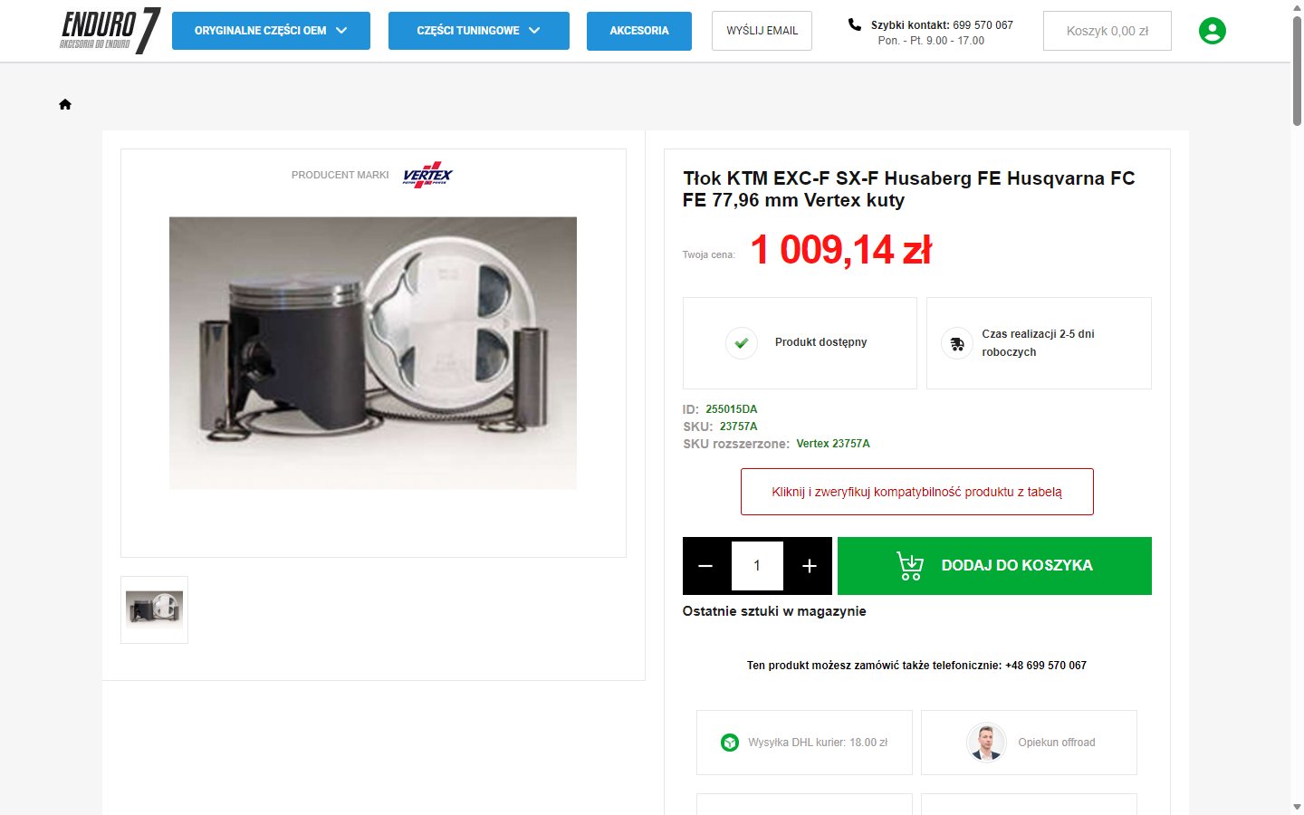 Karta produktu w sklepie Enduro7 na PrestaShop 9.1.4 z dostępnością, czasem realizacji i weryfikacją kompatybilności