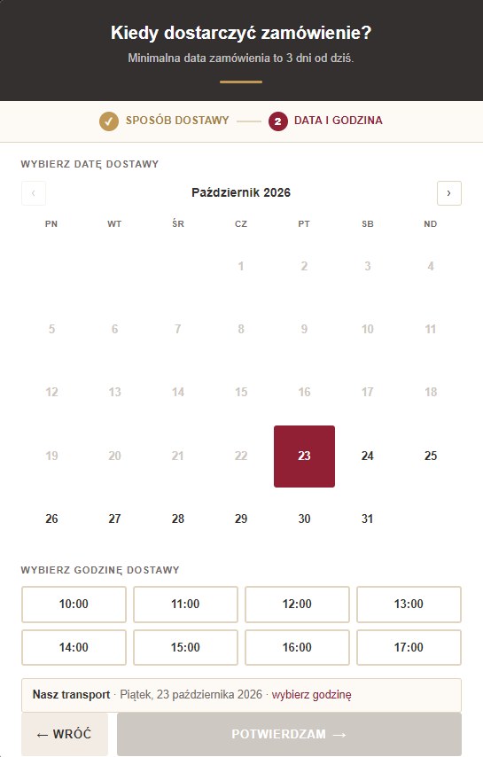 Kalendarz z wyborem daty i godziny dostawy cateringu, minimum 3 dni od zamówienia