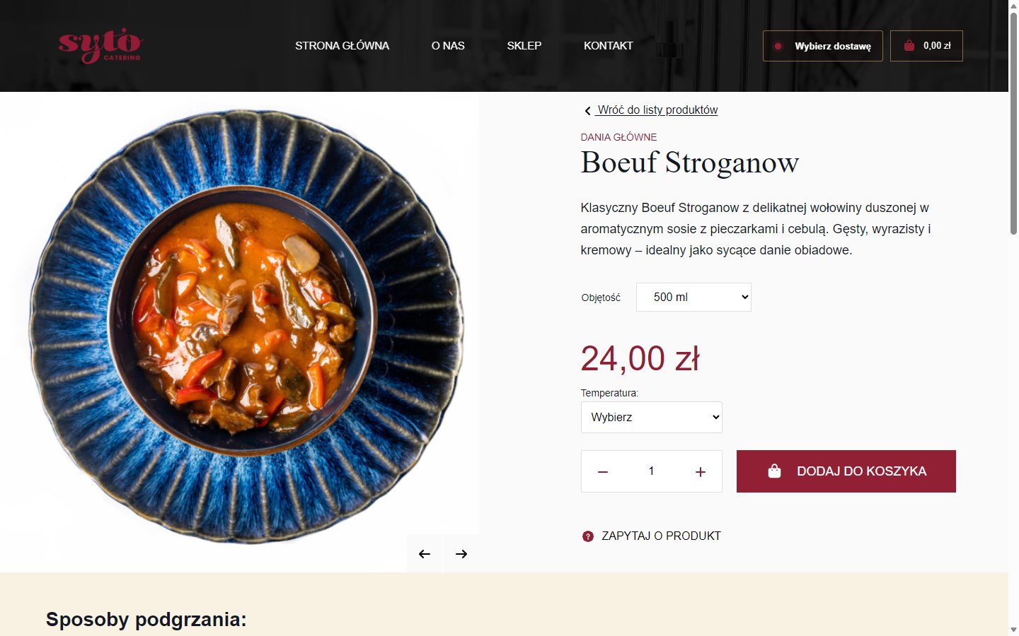Karta dania Boeuf Stroganow z wyborem objętości i temperatury podania