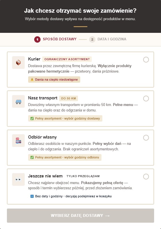 Okno wyboru sposobu dostawy w sklepie Syto Catering: kurier, własny transport do 50 km, odbiór osobisty