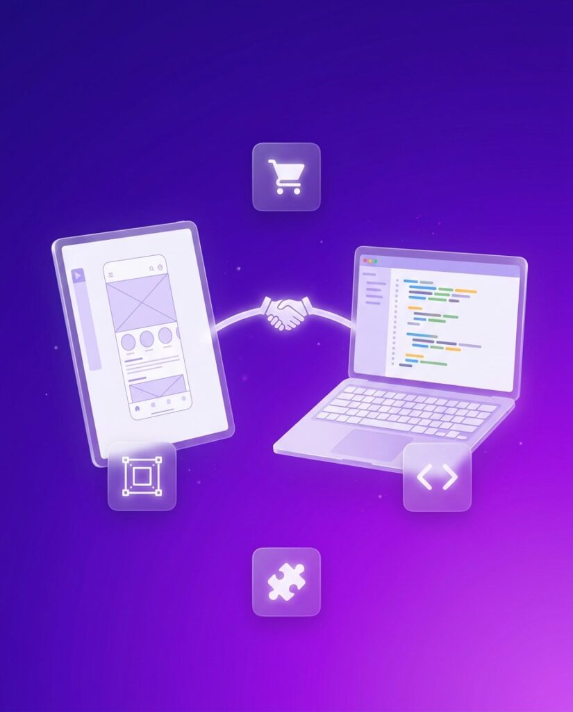 Projekt graficzny na tablecie połączony z laptopem z kodem – współpraca agencji z programistą